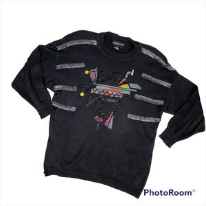 VINTAGE SPREE INT’L Black Sequin 80’s Ramie Cotton Sweater Large